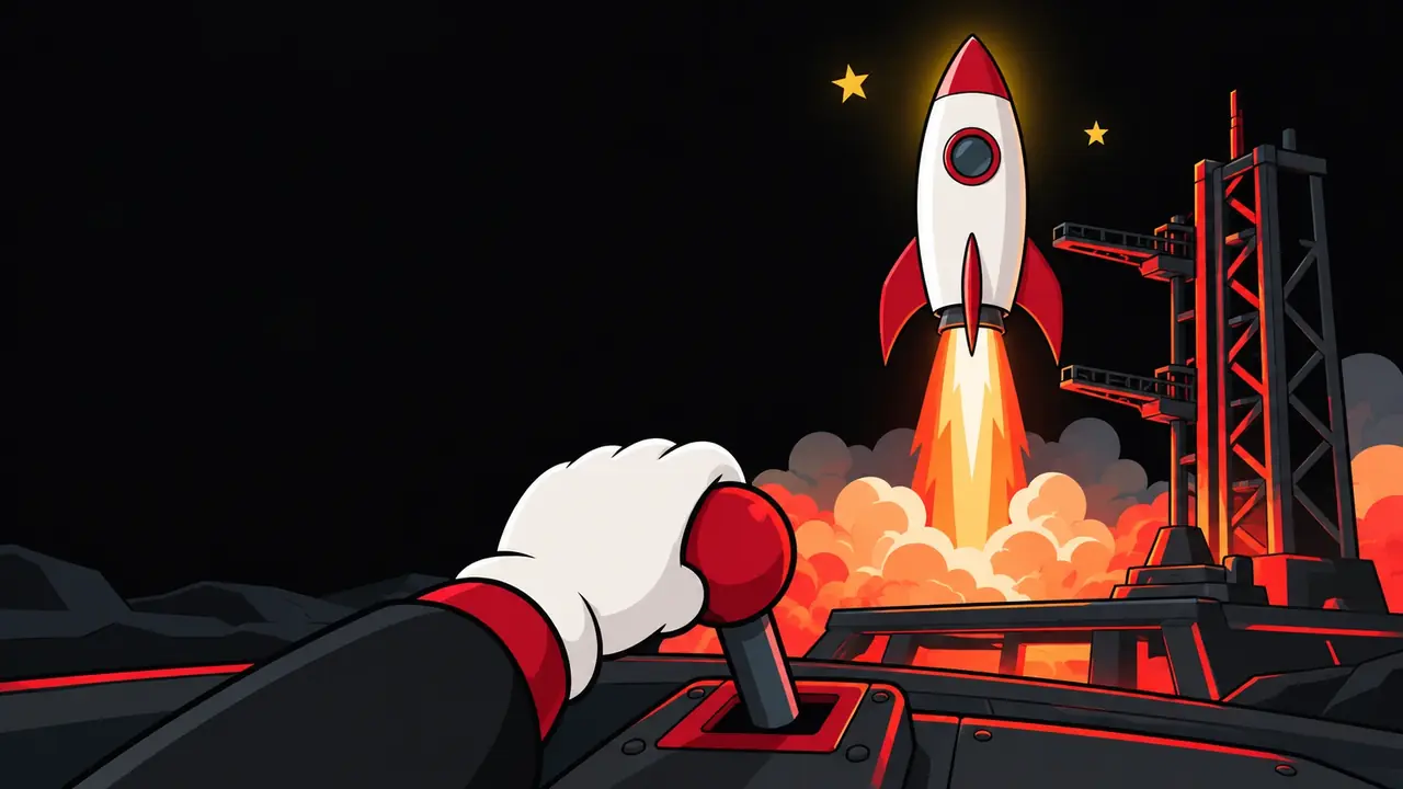 How to play Astronaut: a rocket lifting off a red pad, a gloved hand on a lever