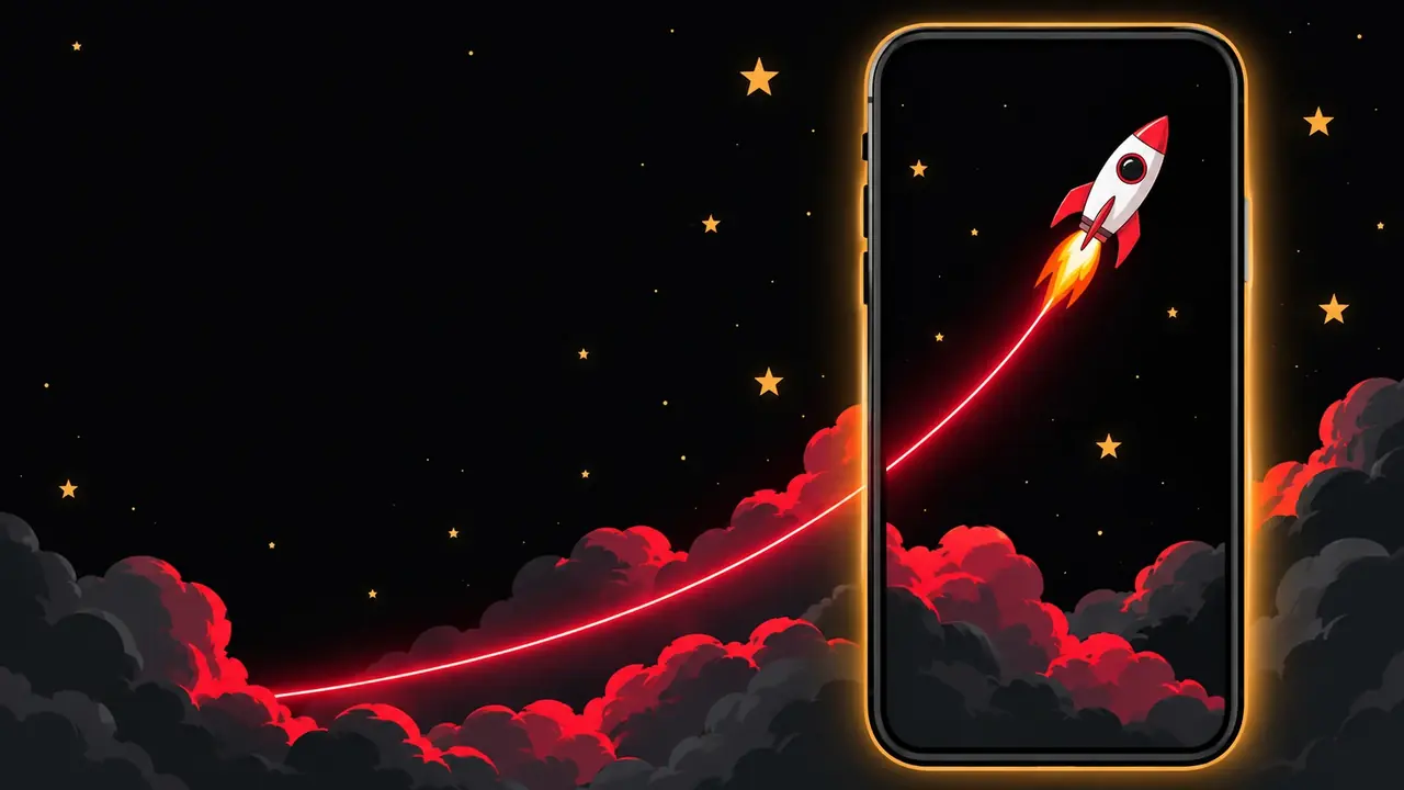 Astronaut on a phone: a smartphone showing the red curve and the white rocket