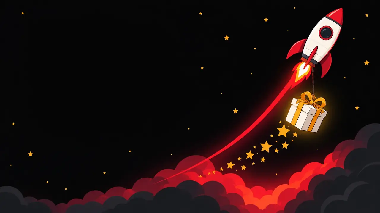 Astronaut game bonus: a white rocket on a red curve towing a gift box