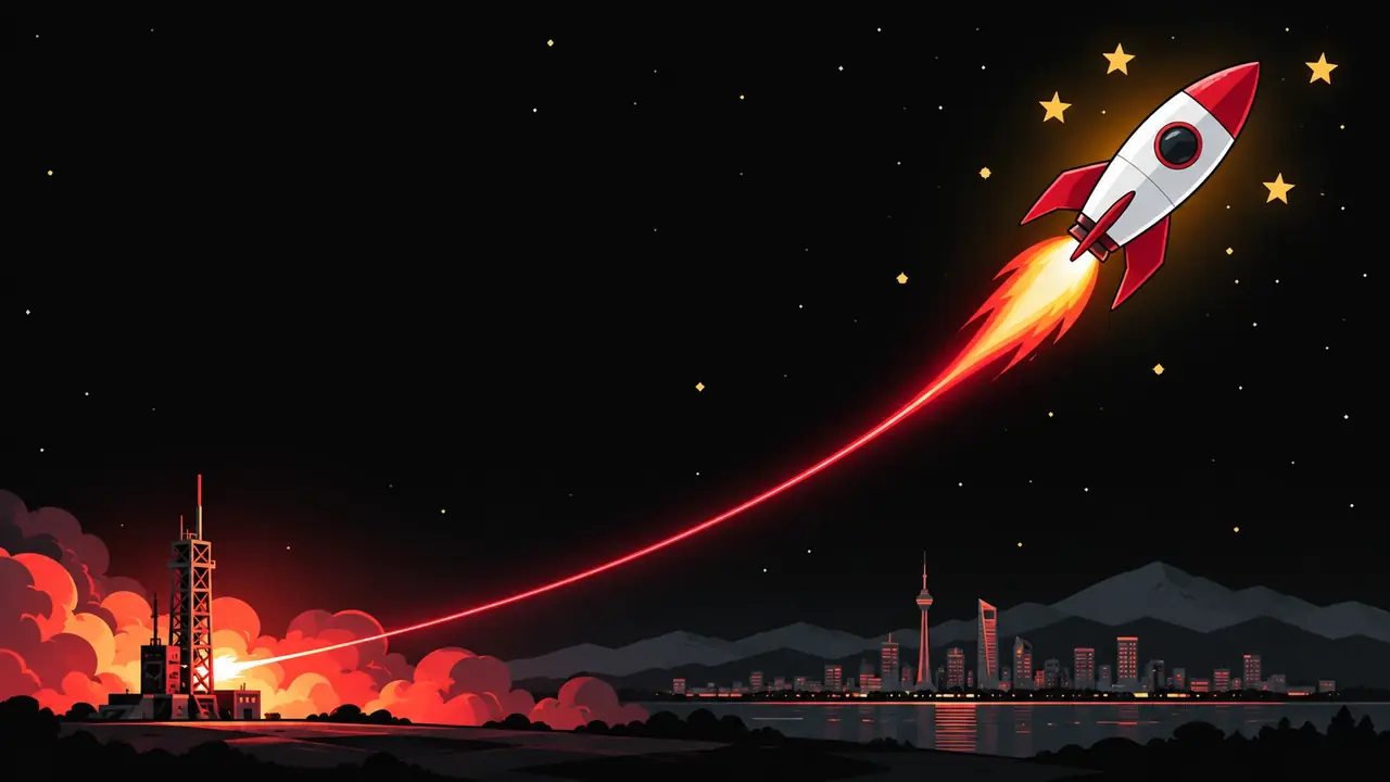 Astronaut crash game — a white rocket climbs along a red flight curve across a black sky, the glow of the launch pad below