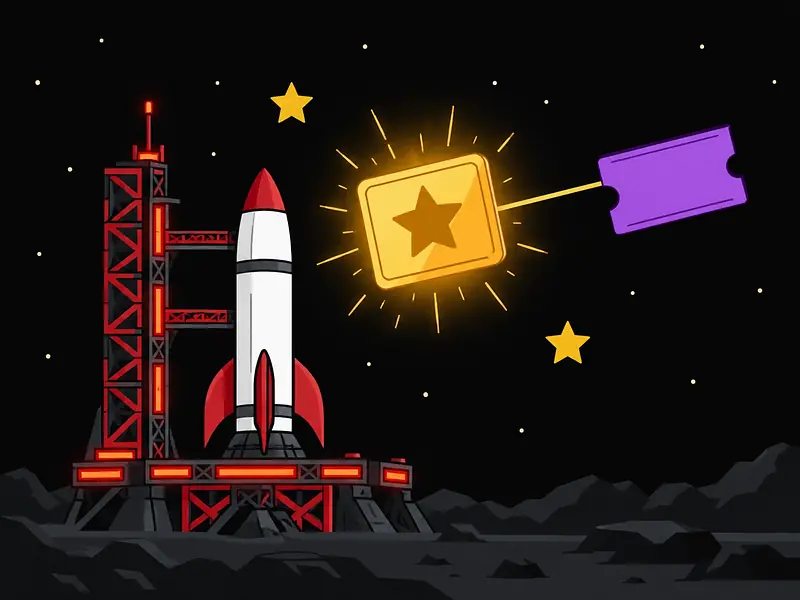 Free bets and promo codes: a golden card with a star above a launch pad and a violet ticket
