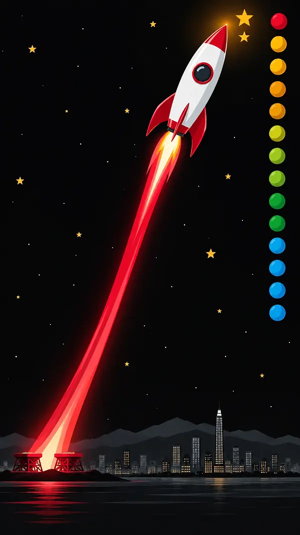 Astronaut crash game: a white rocket climbing a red flight curve across a black sky — key facts in 60 seconds