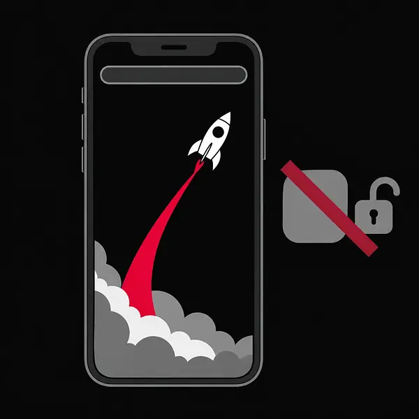 No official Astronaut app: a phone in a browser beside a crossed-out app tile and an open padlock
