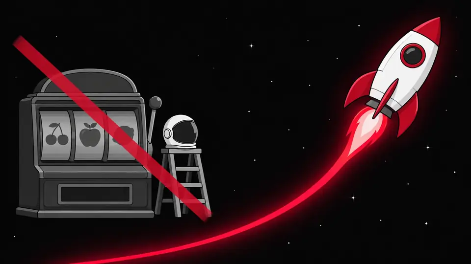 Astronaut is a crash game, not a slot: a white rocket on a red curve beside a muted slot machine and a ladder with a helmet