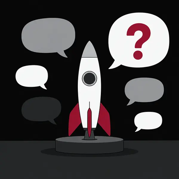 Questions players in Pakistan ask: speech bubbles around a small rocket model, one with a question mark