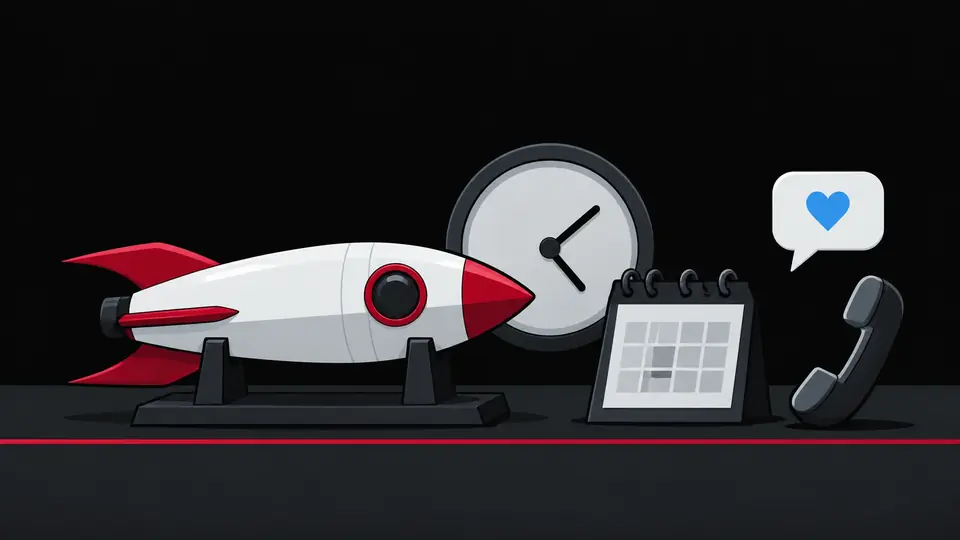 Responsible gambling: a parked rocket beside a clock face, a calendar, a telephone and a speech bubble with a heart
