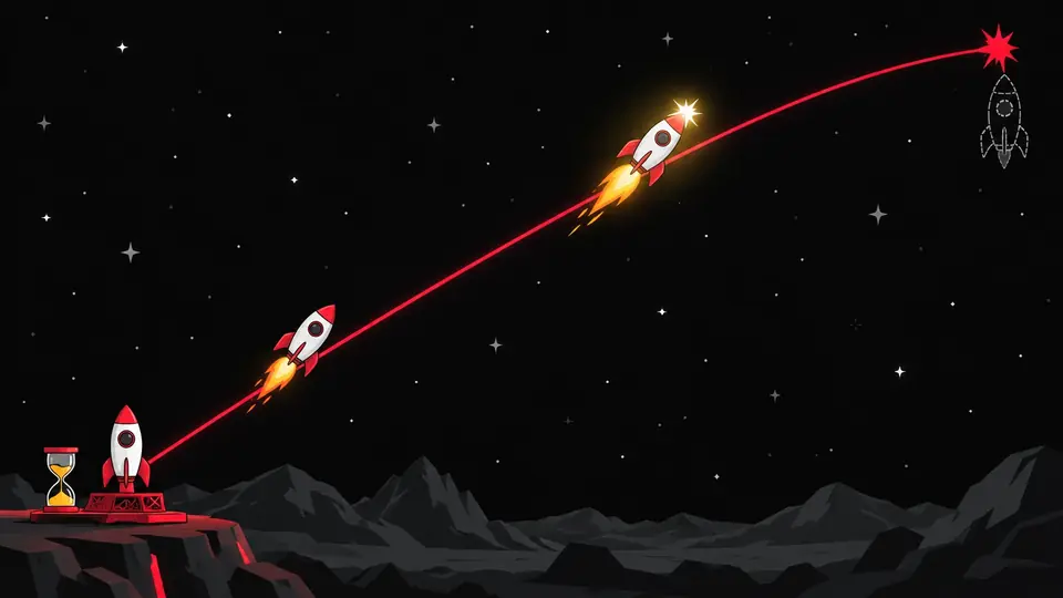 One Astronaut round: a rocket on the pad, in flight on the red curve, and a crash burst