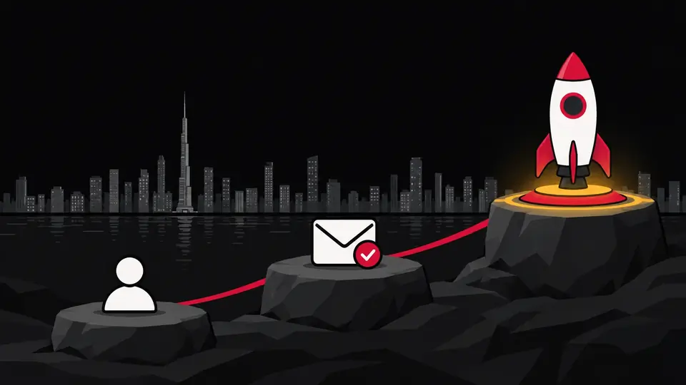 Signing up in steps: three stepping stones ending at a rocket on a launch pad