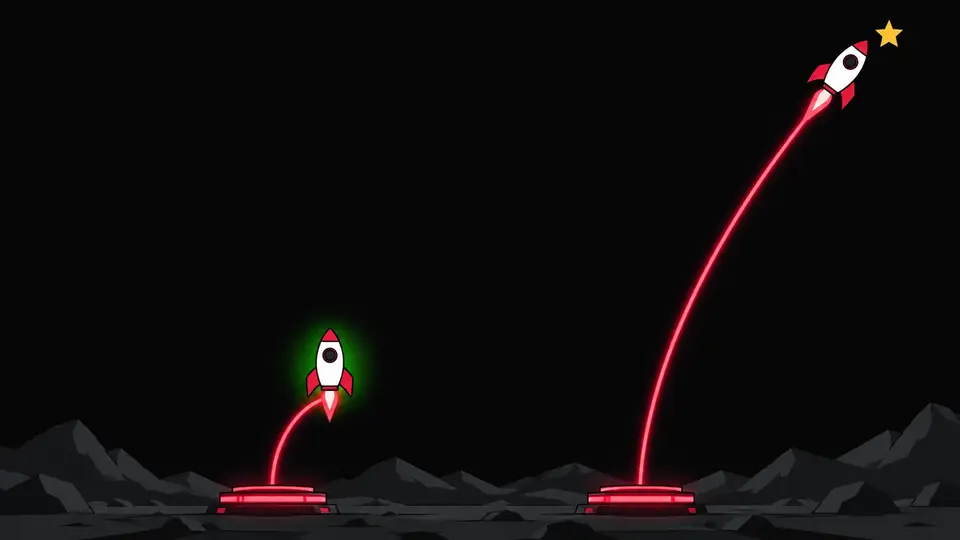 Two bet panels: two launch pads, one rocket stopping early, the other climbing higher