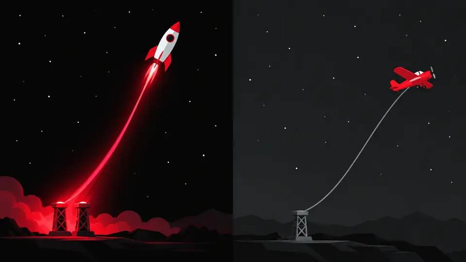 Astronaut against Aviator: a white rocket on a red curve beside a small red plane on a grey curve