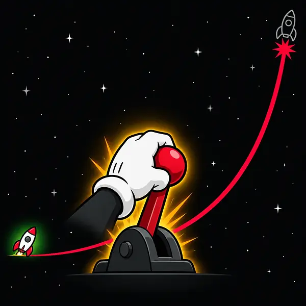 Withdraw before the crash: a gloved hand on a red lever between an early stop and a late crash